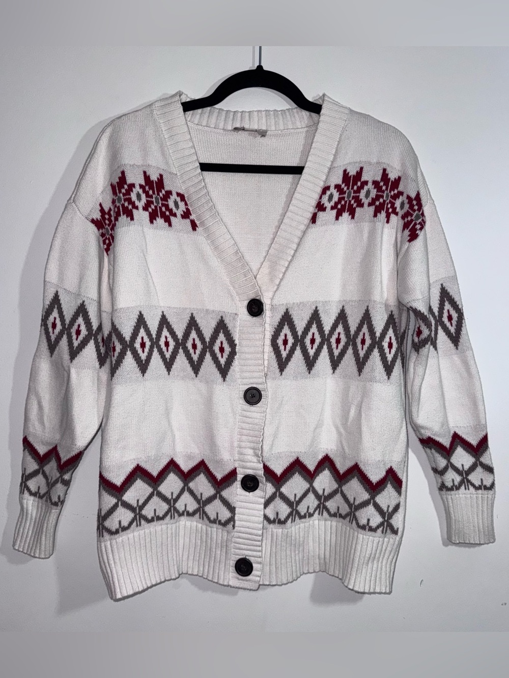 LOFT Outlet Women’s M Fair Isle Cardigan Sweater Cream Red Gray Nordic Cotton